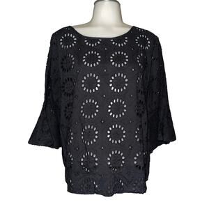 New York & Company Women’s Size Medium Eyelet Bell-Sleeve Blouse Black